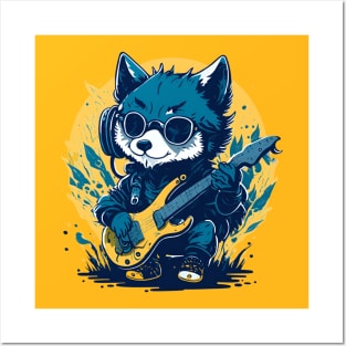 Quirky baby wolf playing electric guitar Posters and Art